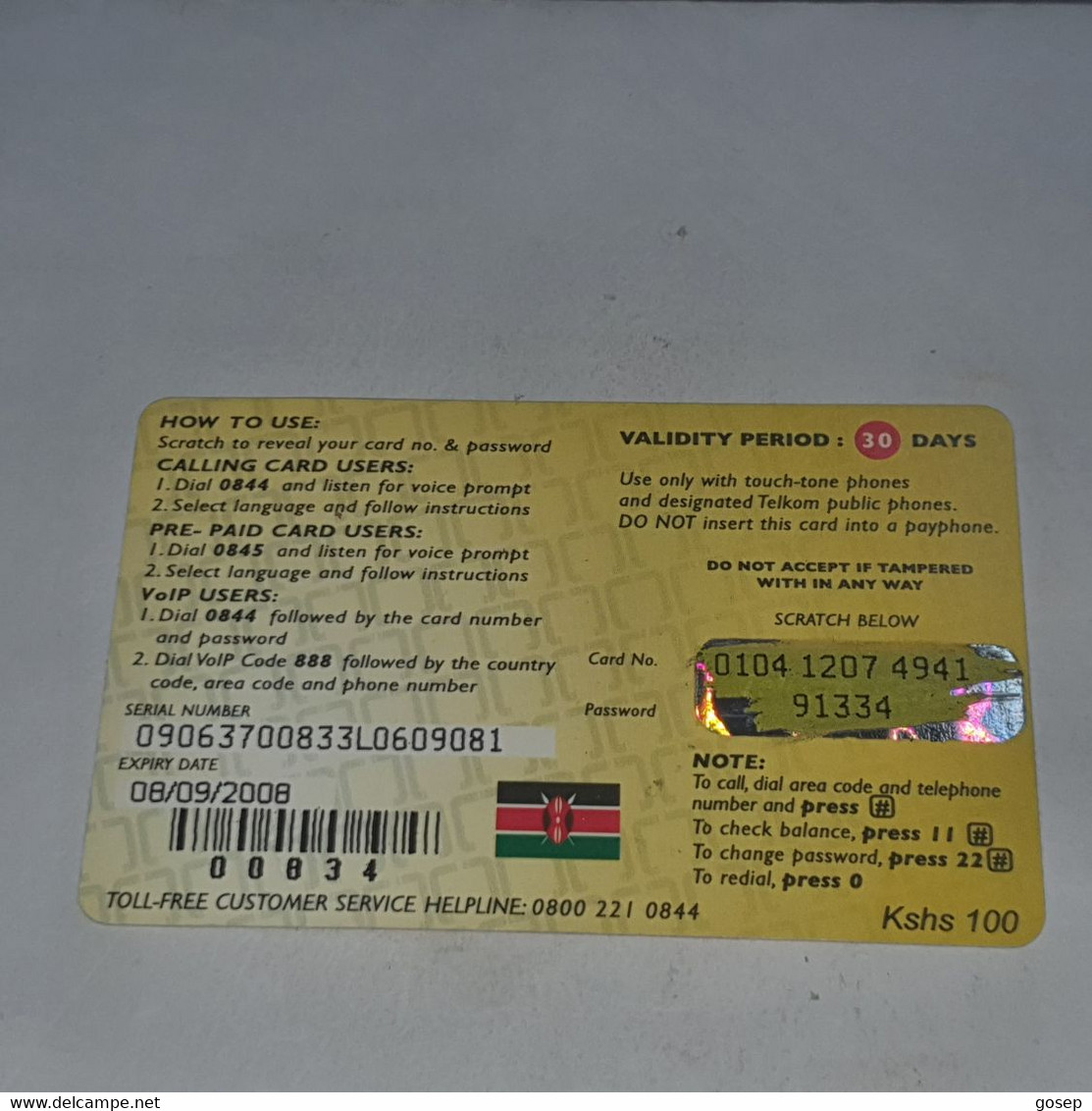Kenya-(ke-tke-rem-002-080809)-leopards-(36)(100kshs)(0104-1207-4941-91334)(Wrinkle Middle)-used Card+1card Prepiad Free - Kenya
