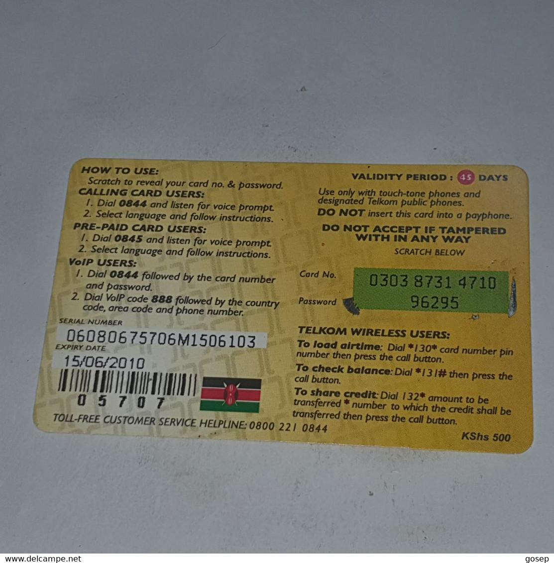 Kenya-(ke-tke-rem-006A-091013)-buffaloes-(40)(500kshs)(0303-8731-4710-96295)(15/6/2010)-used Card+1card Prepiad Free - Kenya