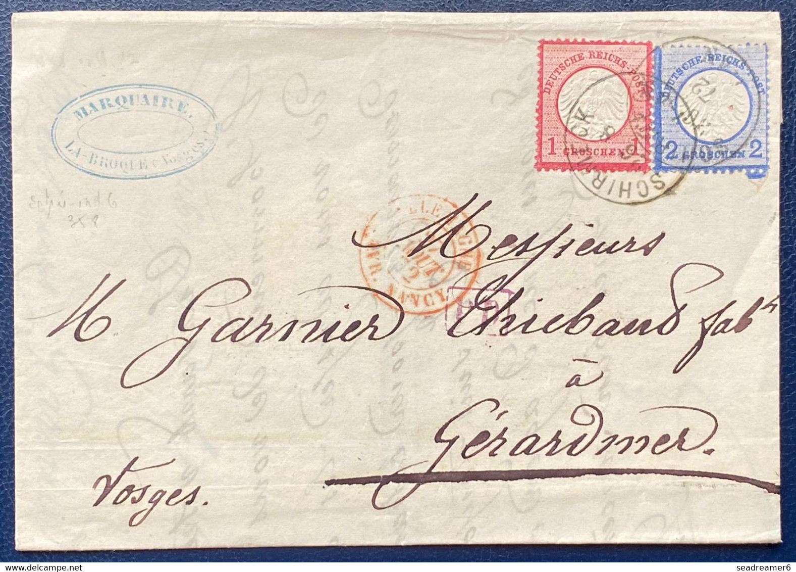 Lettre 1872 Alsace Lorraine Timbre Allemand N°4 & 5  Dateur De Schirmeck Pour Gerardmer Avec Dateur D'entrée Rouge TTB - Altri & Non Classificati