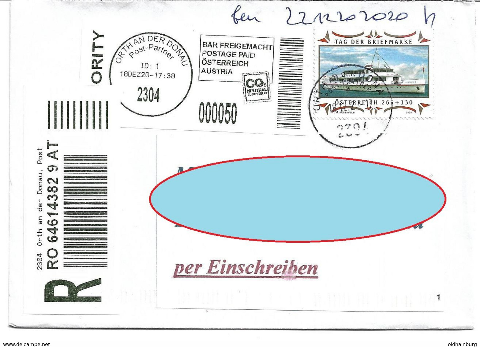 1593m: Tag Der Briefmarke 2009 Auf Reko- Brief Gest. 2304 Orth An Der Donau- Schiffahrtsmotiv - Gänserndorf