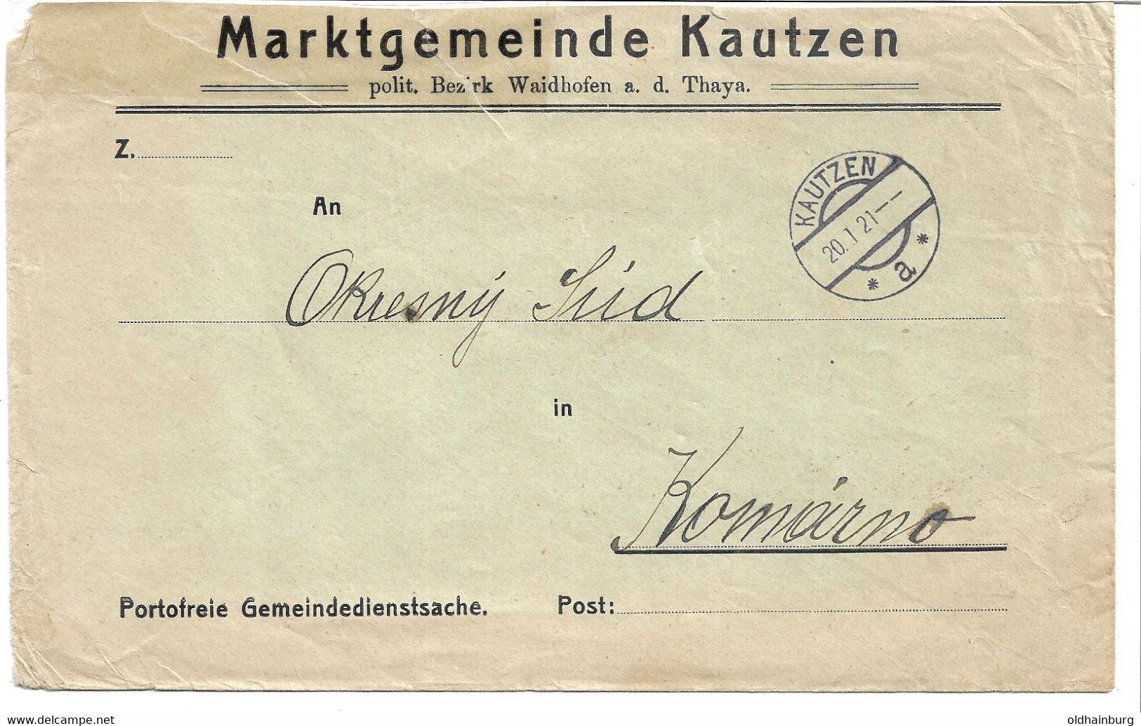 1593l: Heimatbeleg Marktgemeinde Kautzen 1921, RR - Laa An Der Thaya