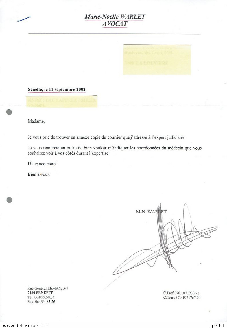 Lettre Avec Signature Autographe De Maître Marie-Noëlle Warlet (Seneffe), 11/9/2002 - Peut-être Sa Dernière Lettre ? - Historical Documents