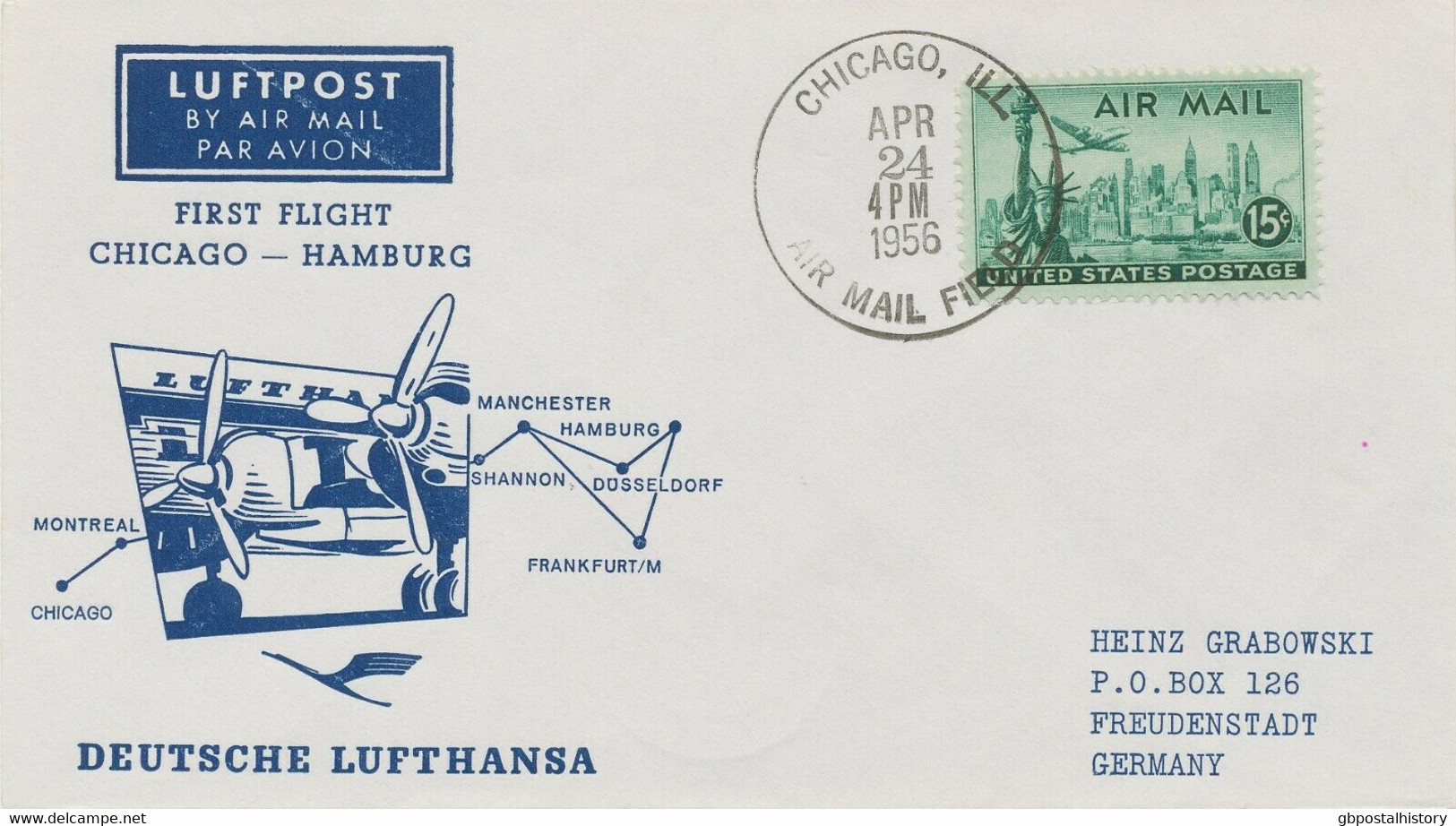 USA 1956 Erstflug Der Deutsche Lufthansa M Superconstellation "CHICAGO - HAMBURG - 2c. 1941-1960 Briefe U. Dokumente