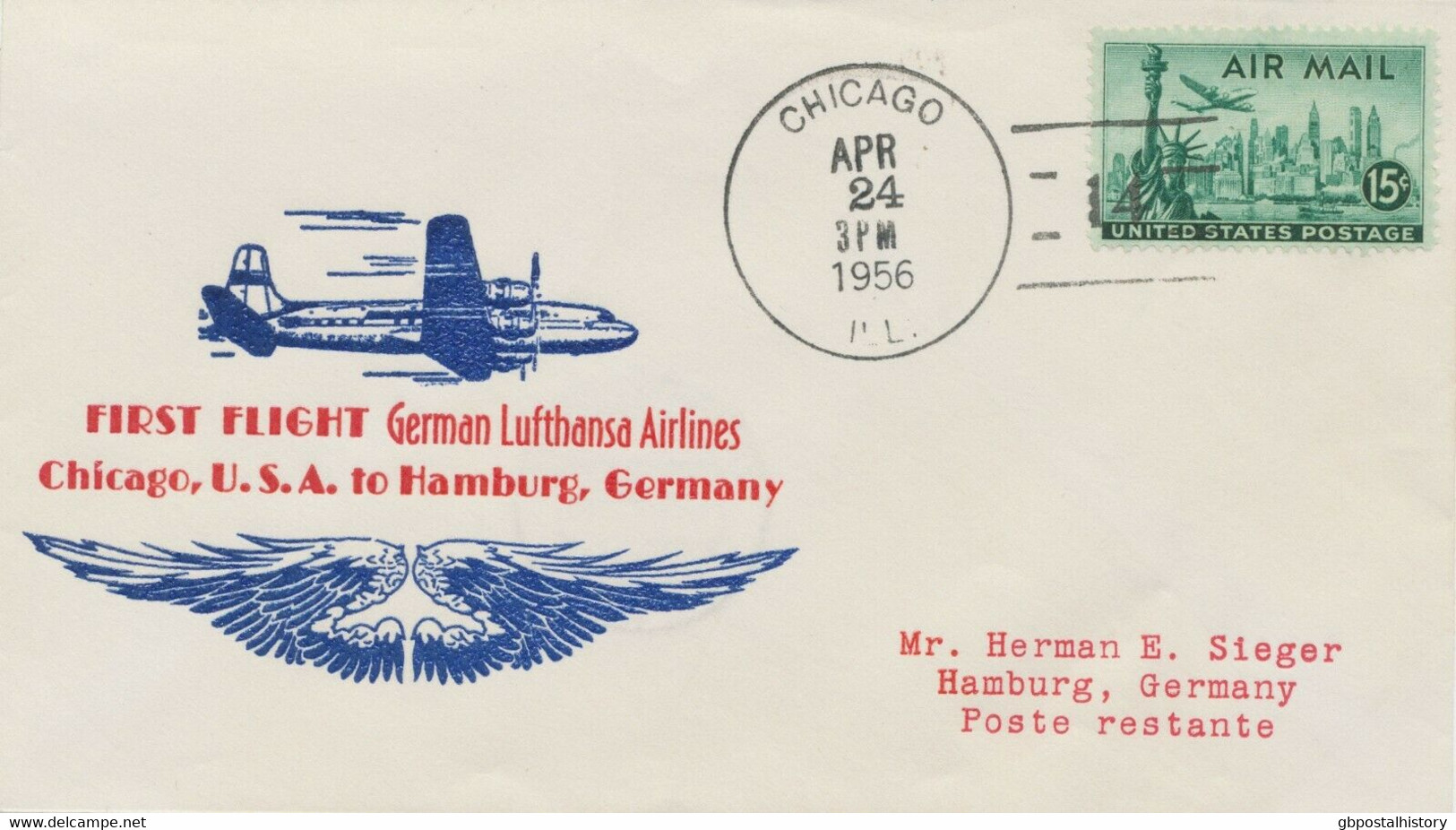 USA 1956, Erstflug Deutsche Lufthansa Mit Superconstellation CHICAGO - HAMBURG - 2c. 1941-1960 Briefe U. Dokumente