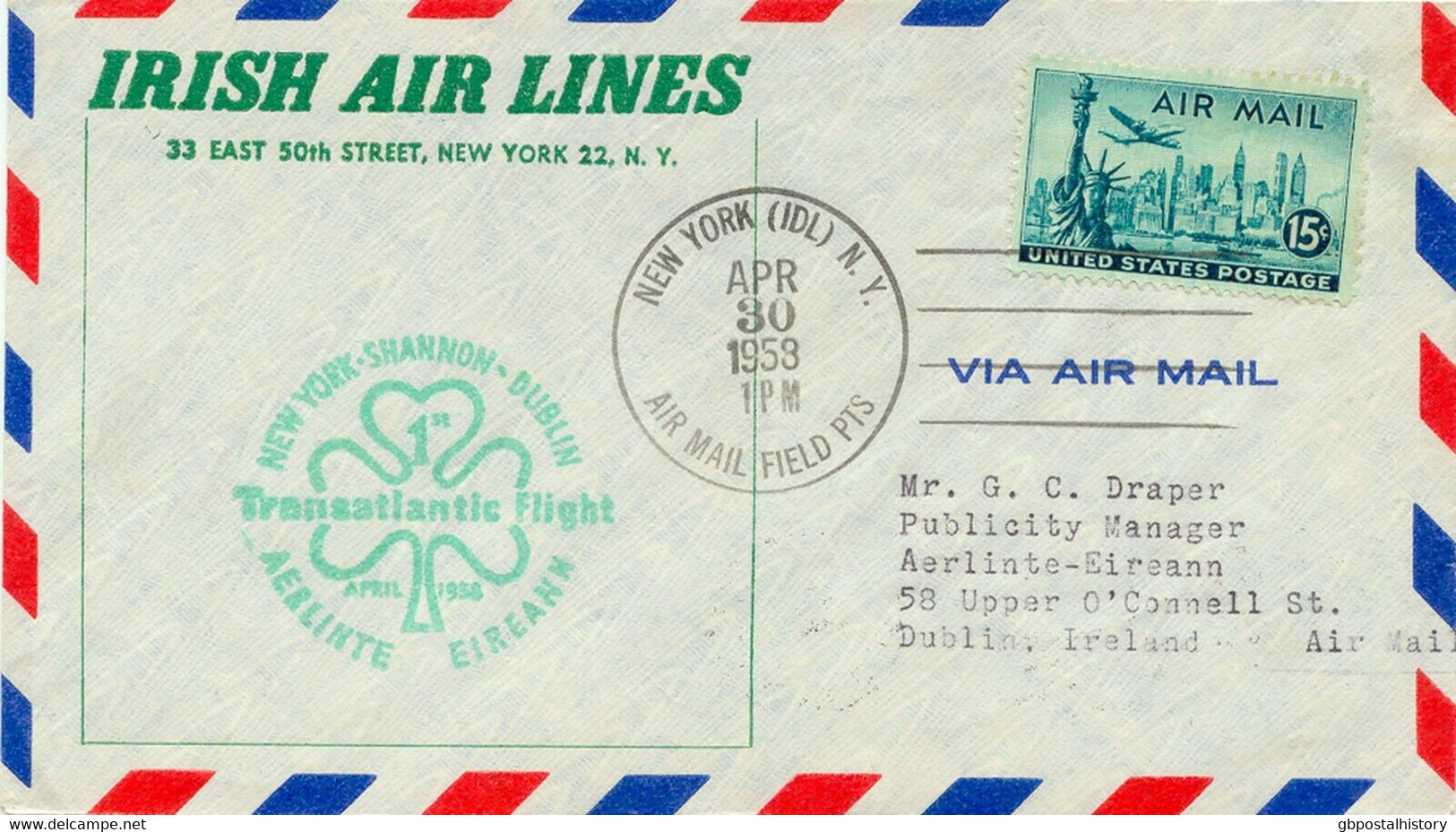 USA 1958 Kab.-Erstflug New York - Dublin Mit Irish Air Lines Nur Wenige Geflogen - 2c. 1941-1960 Cartas & Documentos