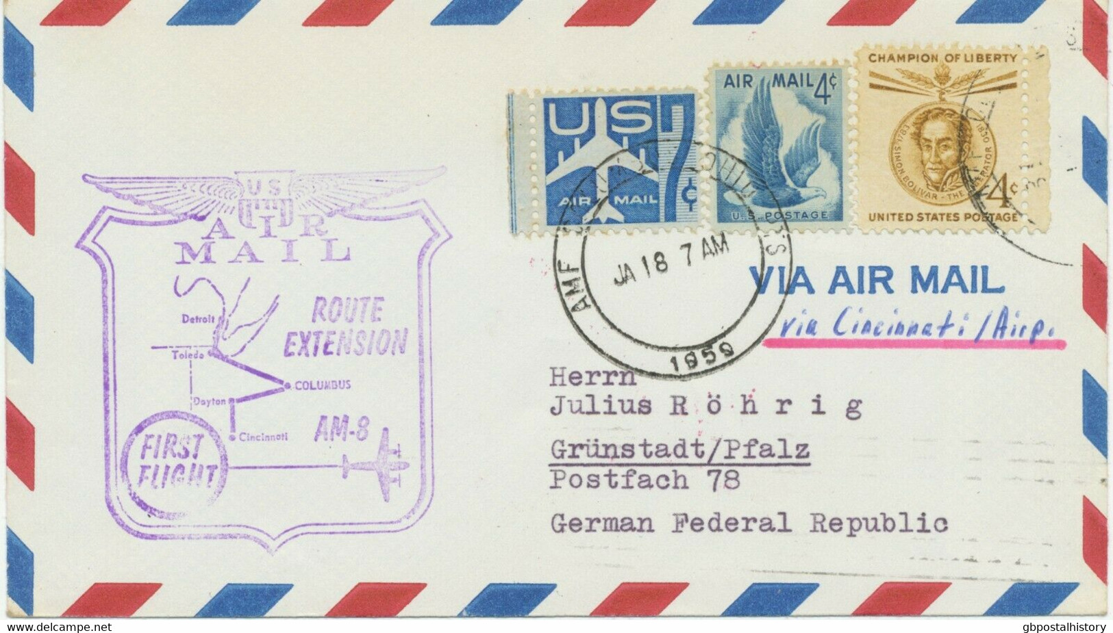 USA 1959 Erstflug A.M. 8 "Columbus, Ohio - Cincinnati, Ohio" Weitergeleitet BRD - 2c. 1941-1960 Briefe U. Dokumente