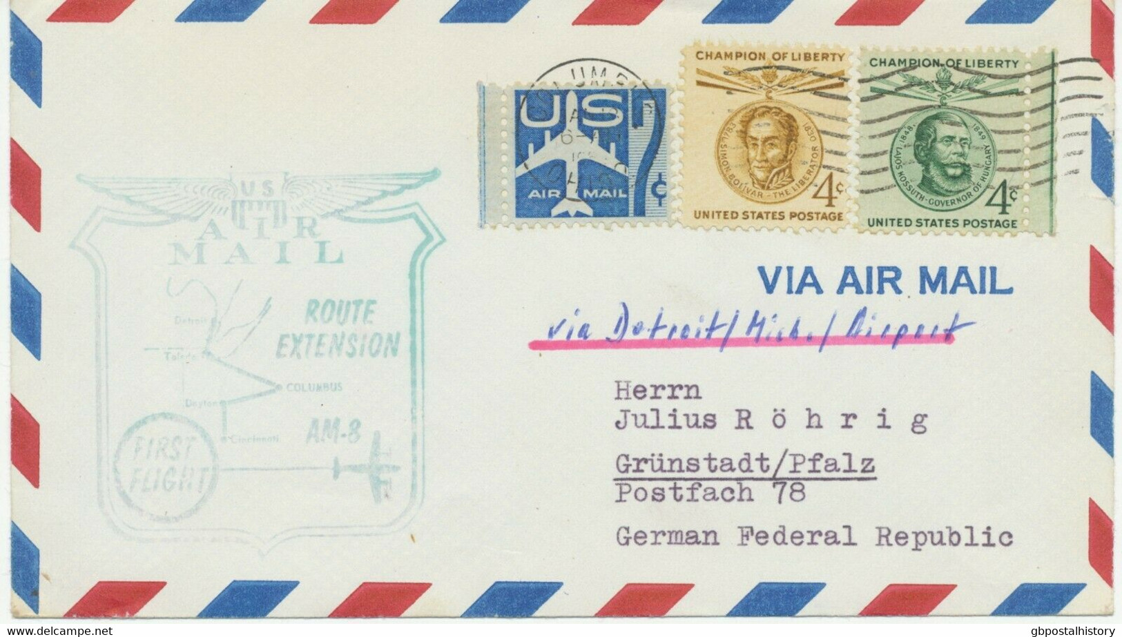 USA 1959 Erstflug A.M. 8 "Columbus, Ohio - Detroit, Michigan" Weitergeleitet BRD - 2c. 1941-1960 Cartas & Documentos