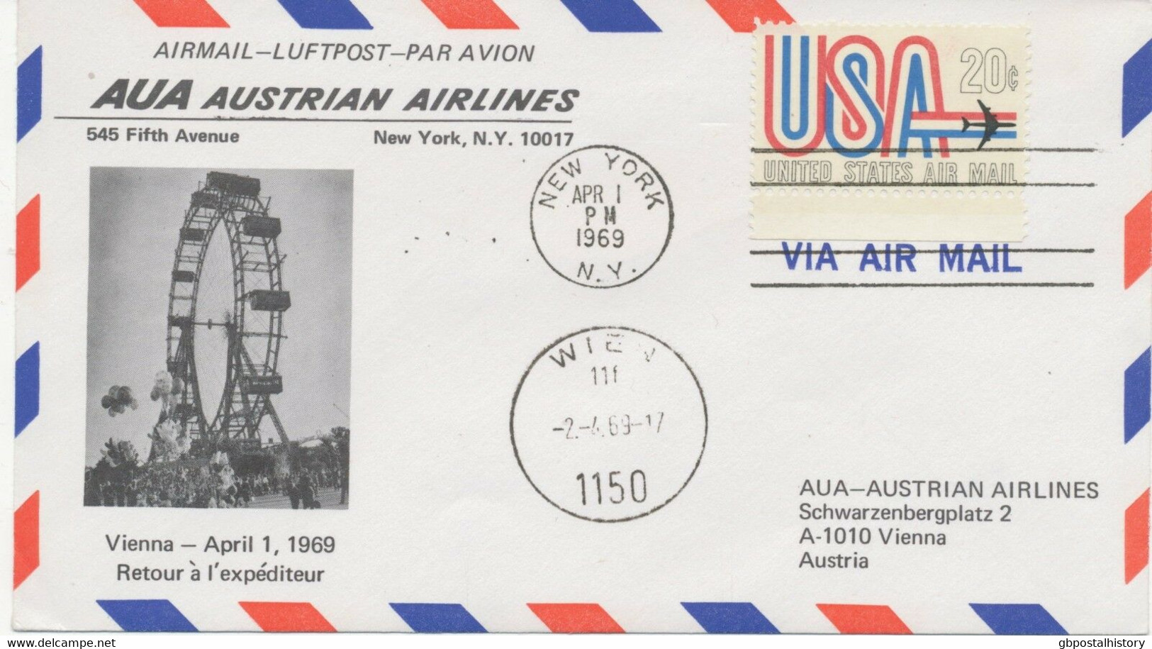 USA / ÖSTERREICH AUA ERSTFLUG NEW YORK – WIEN 1969 - 3c. 1961-... Storia Postale