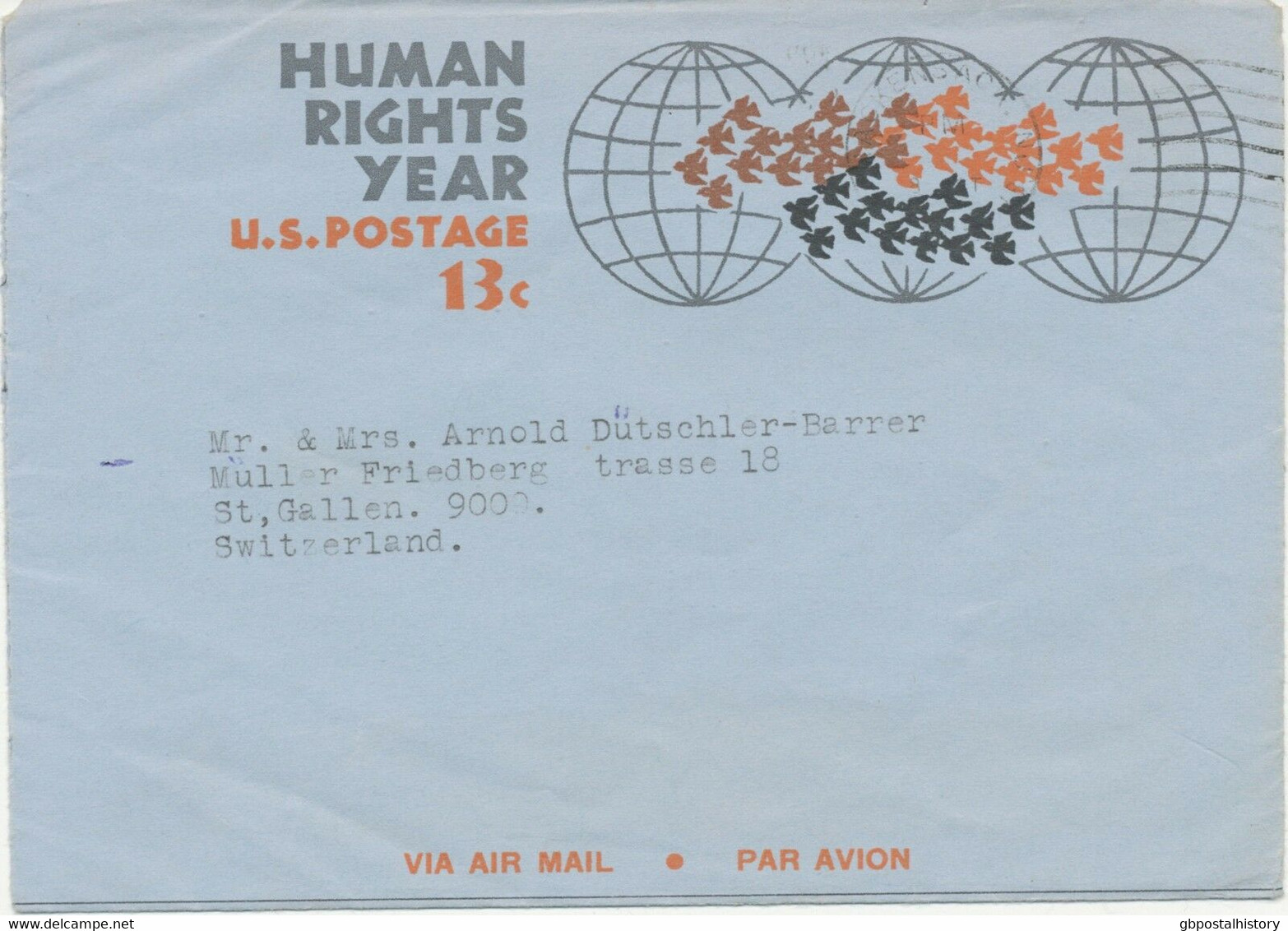 USA 1969 VFU Postal Stationery Aerogramm 13 C Human Rights Year To Switzerland - 3c. 1961-... Brieven