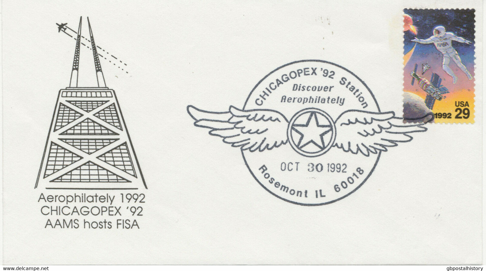 USA 1992 CHICAGOPEX `92 Station / Discover Aerophilately / OCT 30 1992 / Rosemon - 3c. 1961-... Storia Postale