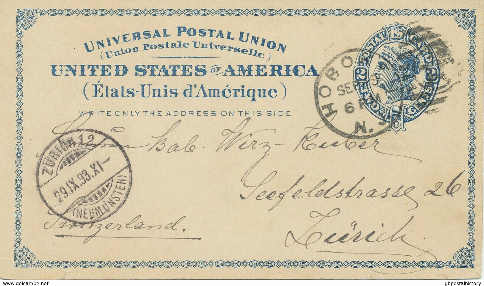 USA 1893 2C Dunkelblau Liberty GA-Postkarte "HOBOKEN / N.J."-Duplex SPARSCHRIFT - ...-1900