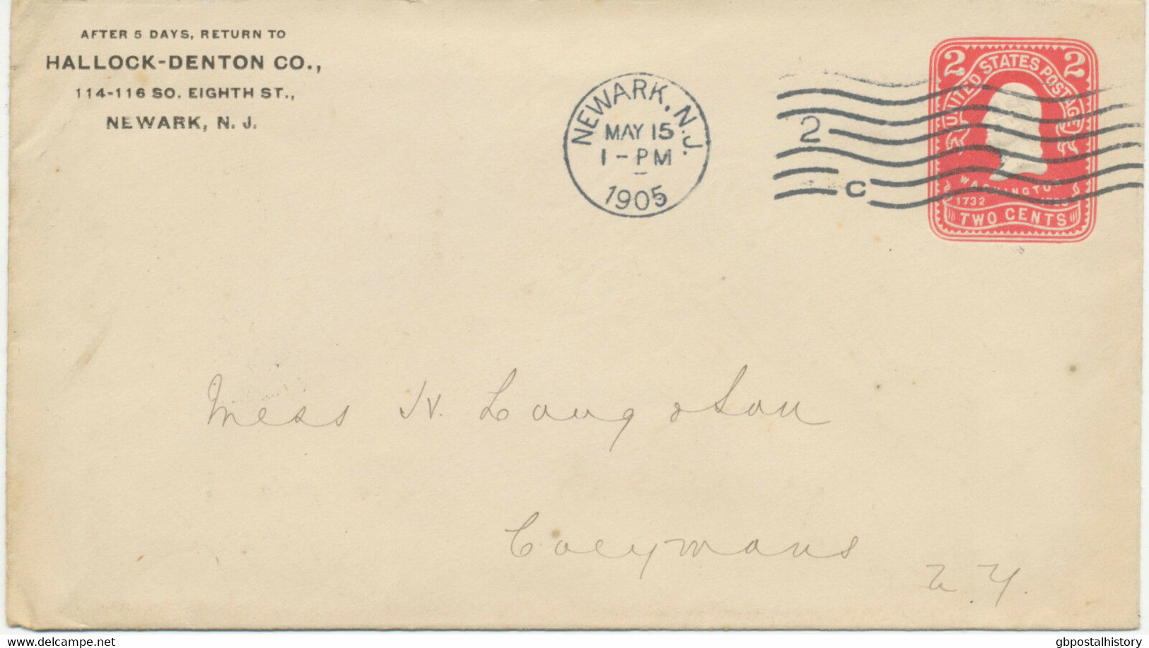 USA 1905 2 C Pink Washington VF STO Postal Stationery Env NEWARK, N.J. - 1901-20