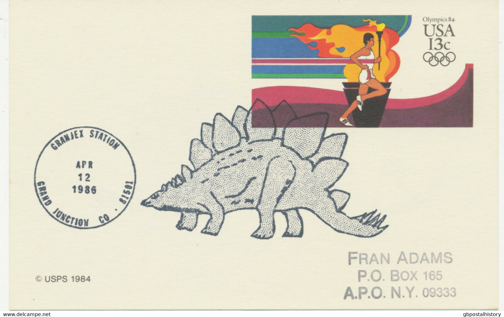 USA 1986, 13 C Olympics 84 Postal Stationery Postcard Rare Special DINOSAUR GRANJEX STATION / GRAND JUNCTION CO – 81501 - 1981-00