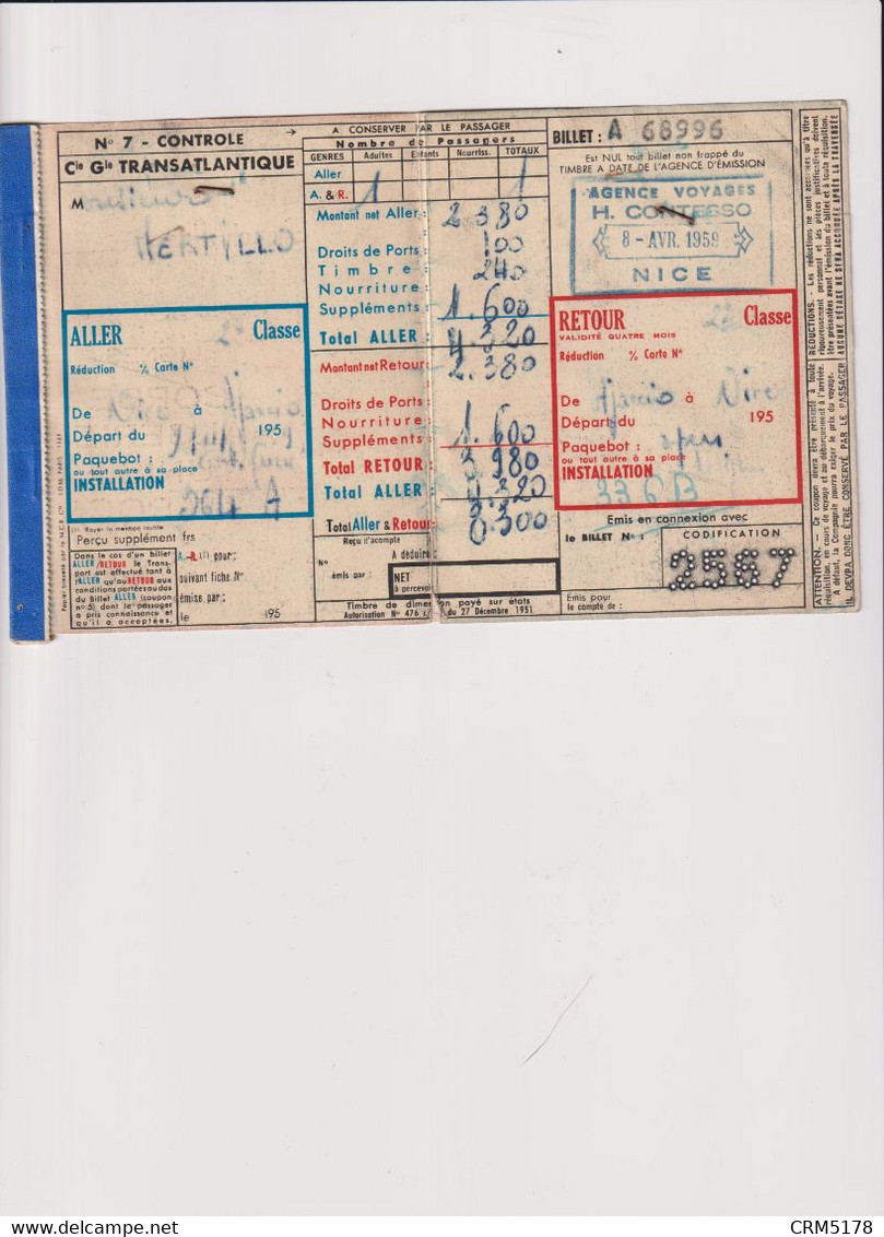 Billet De Passage-NICE-AJACCIO-ALLER/RETOUR 1959-CIE. GENERALE TRANSATLANTIQUE - Europa