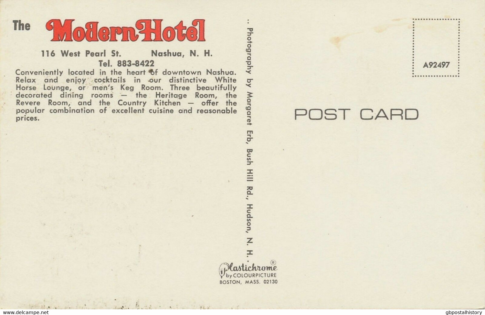 USA 1960 Superb Mint Col Pc The Modern Hotel, 116 West Pearl St., NASHUA, New Hampshire - Nashua