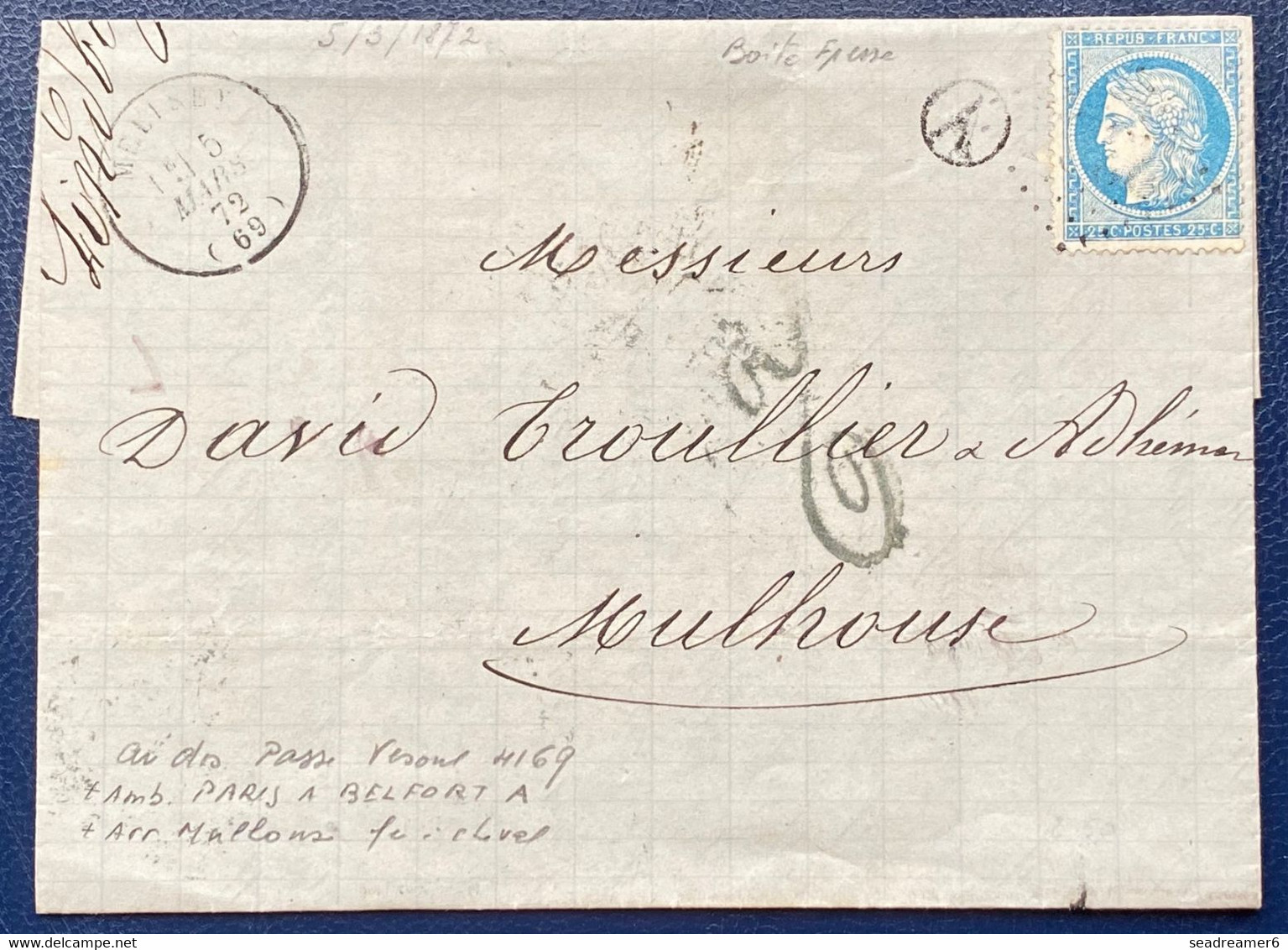 Lettre 1872 Alsace Lorraine N°60 I Obl Losange PC De Fresse Boite Rurale A Identifiée  Mulhouse + Taxe 2 Décimes +4169 - Altri & Non Classificati