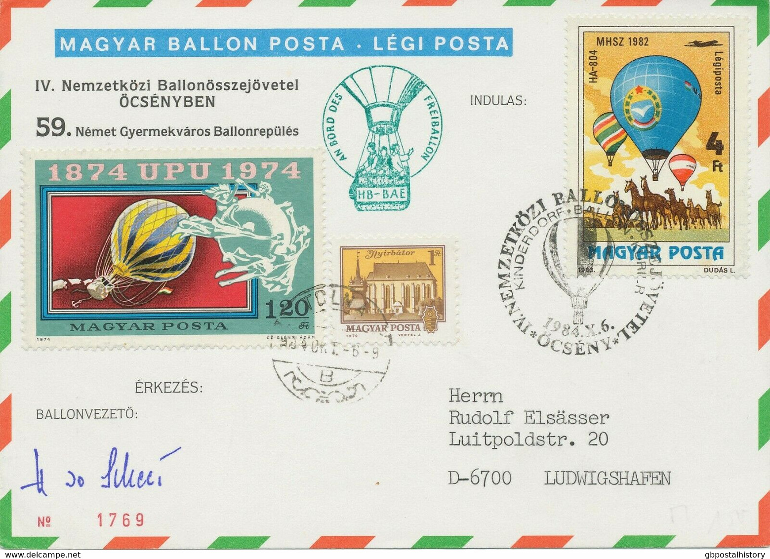 UNGARN 1984 Kab.-Ballonpostflug "HB-BAE" Mit SST „KINDERDORF-BALLON-KURIER", Vom Piloten Scheer Signiert, R! - Storia Postale