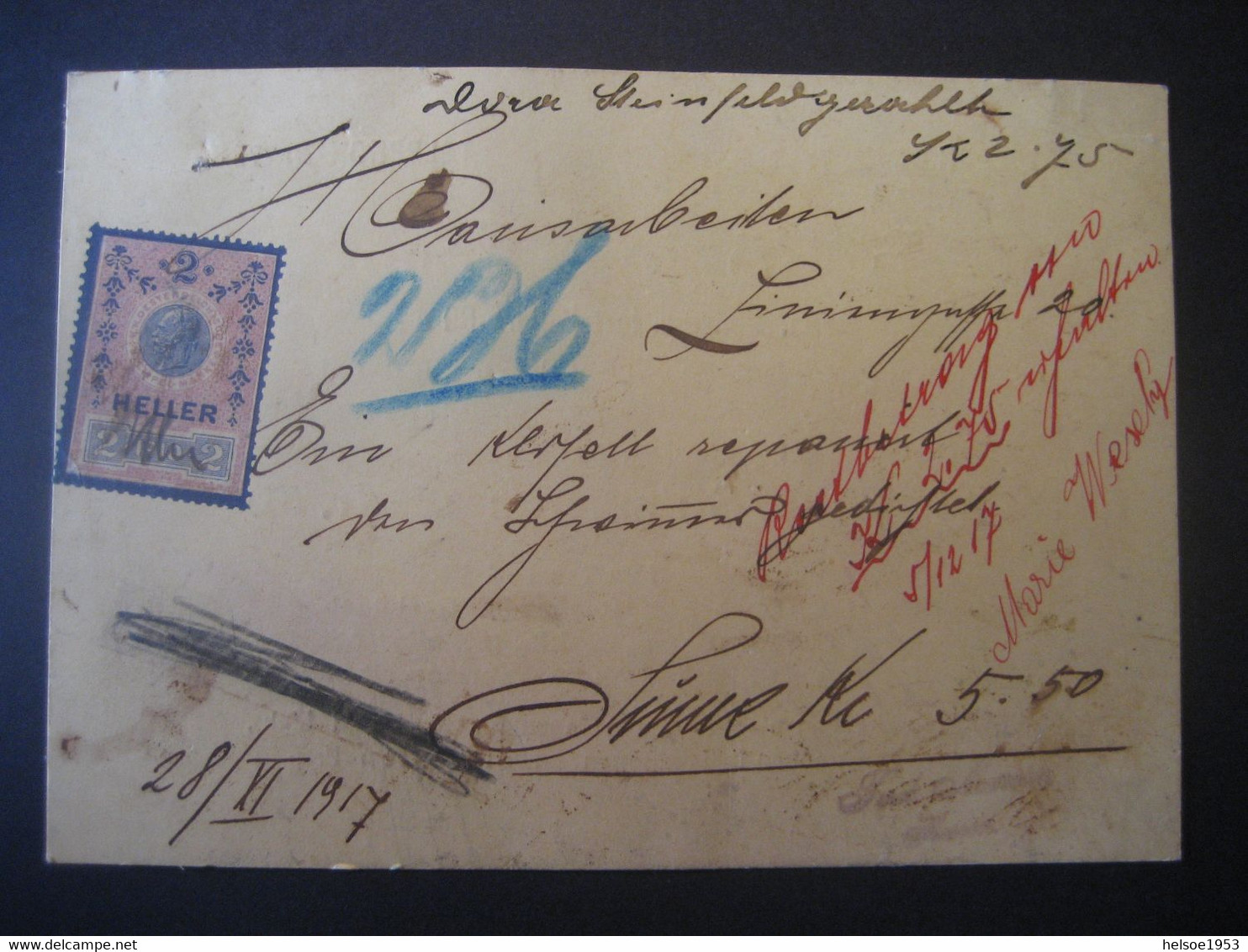 Österreich Steuermarke 1917- Zahlungsbestätigung Auf Firmen Werbe-Karte - Revenue Stamps