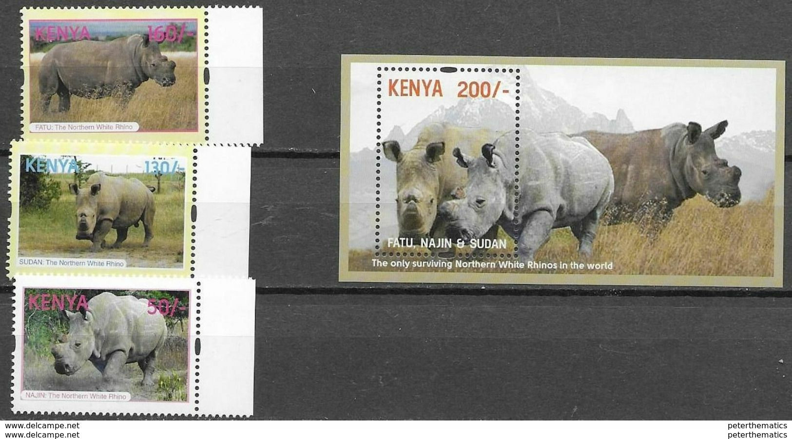 KENYA, 2019, MH, FAUNA, RHINOS, WHITE RHINOCEROS, 3v+S/SHEET - Neushoorn
