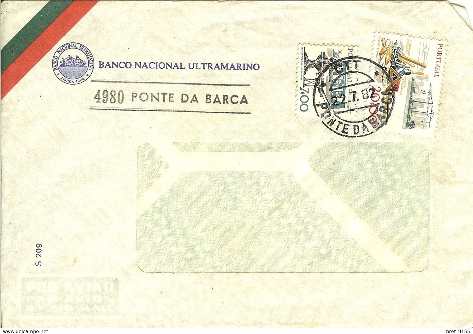 PORTUGAL LETTRE BANCO NACIONAL ULTRAMARINO 4980 PONTE DA BARCA TIMBRE 40 - Lettres & Documents