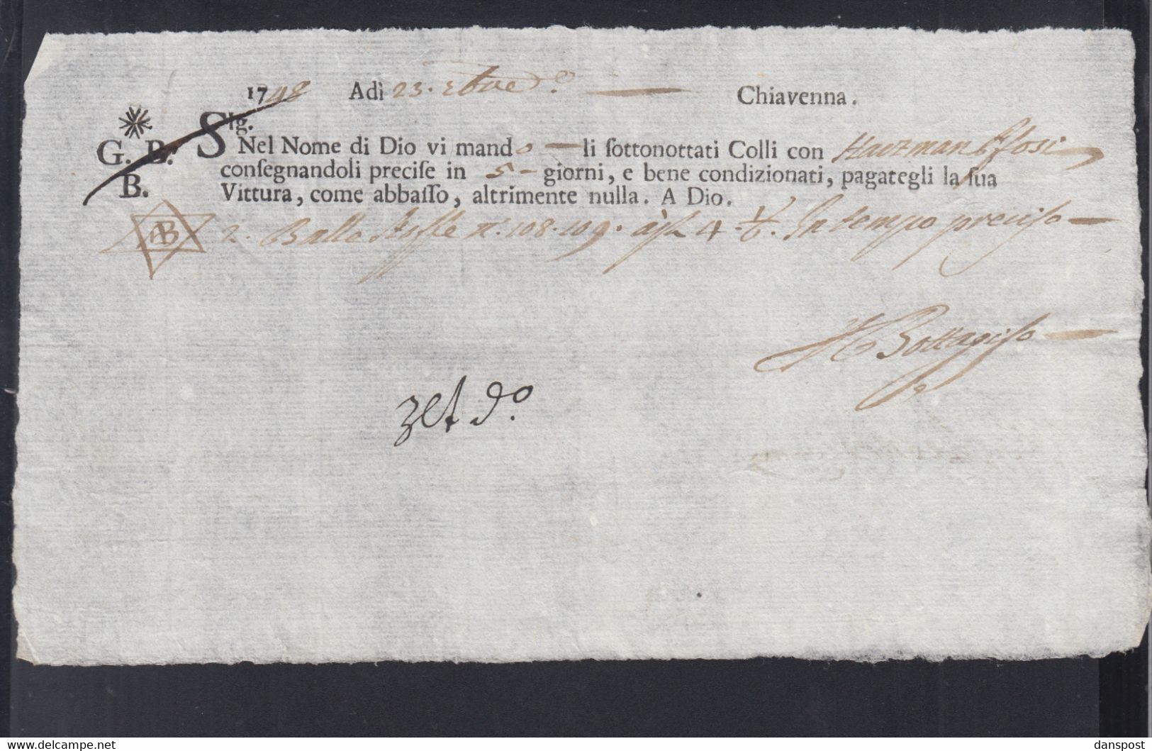 Italien Italia Dokument 1748 Chiavenna - 1. ...-1850 Prefilatelia