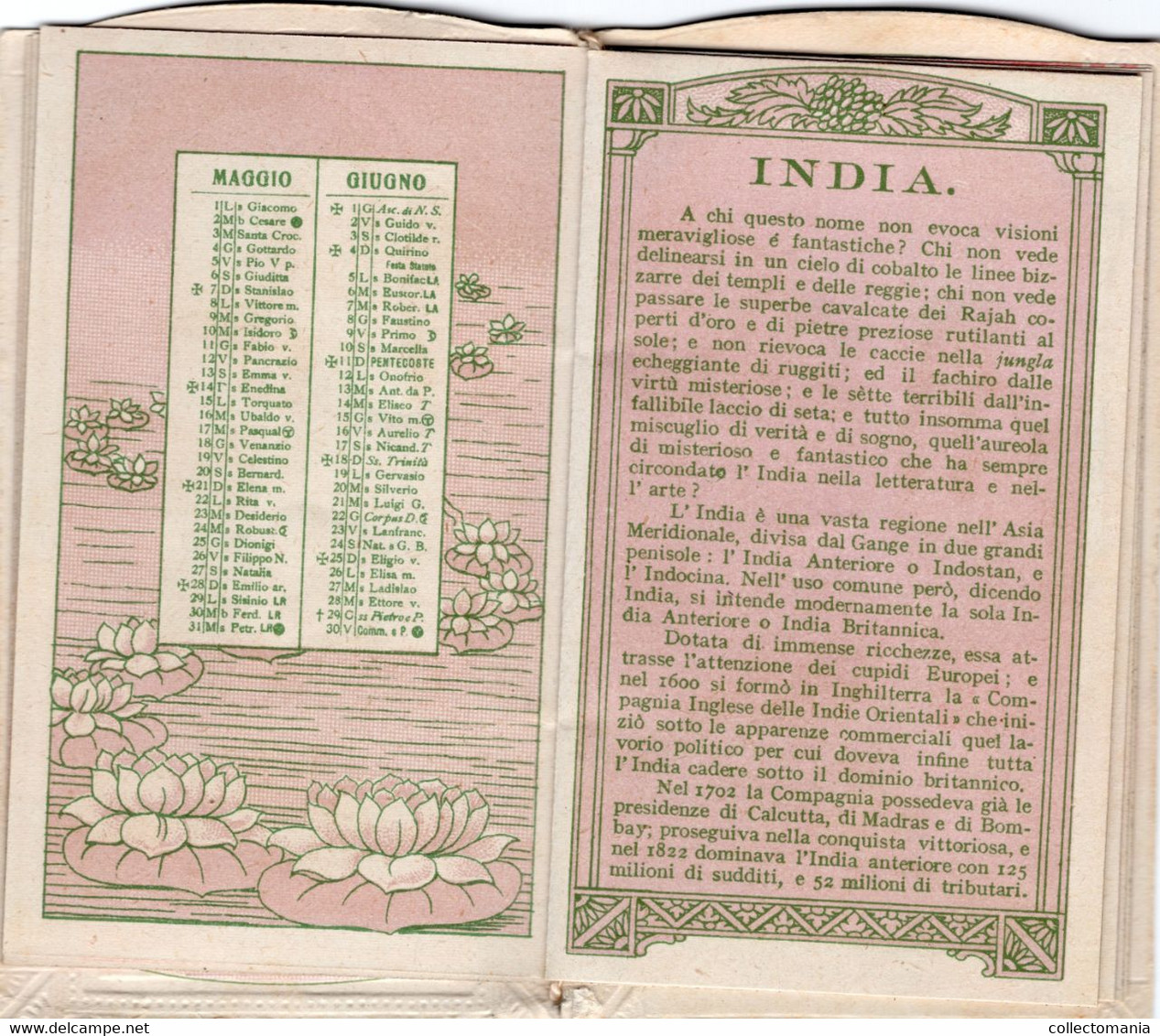 1 Carnet Booklet PARFUM Borsari &C° Parma INDIA  Calendrier 1916  ART NOUVEAU - Unclassified