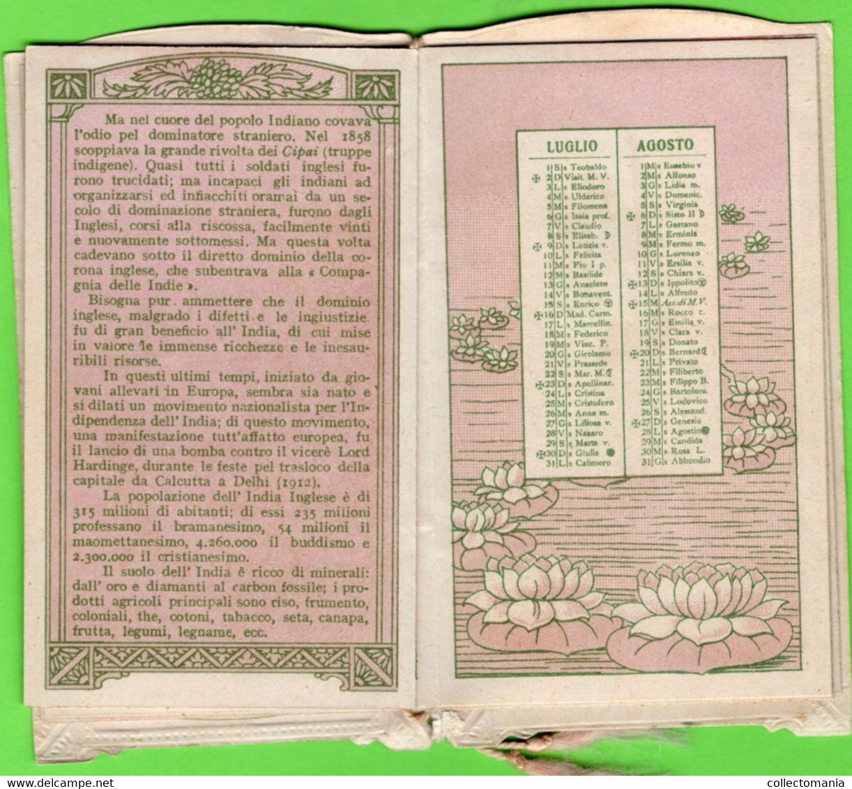 1 Carnet Booklet PARFUM Borsari &C° Parma INDIA  Calendrier 1916  ART NOUVEAU