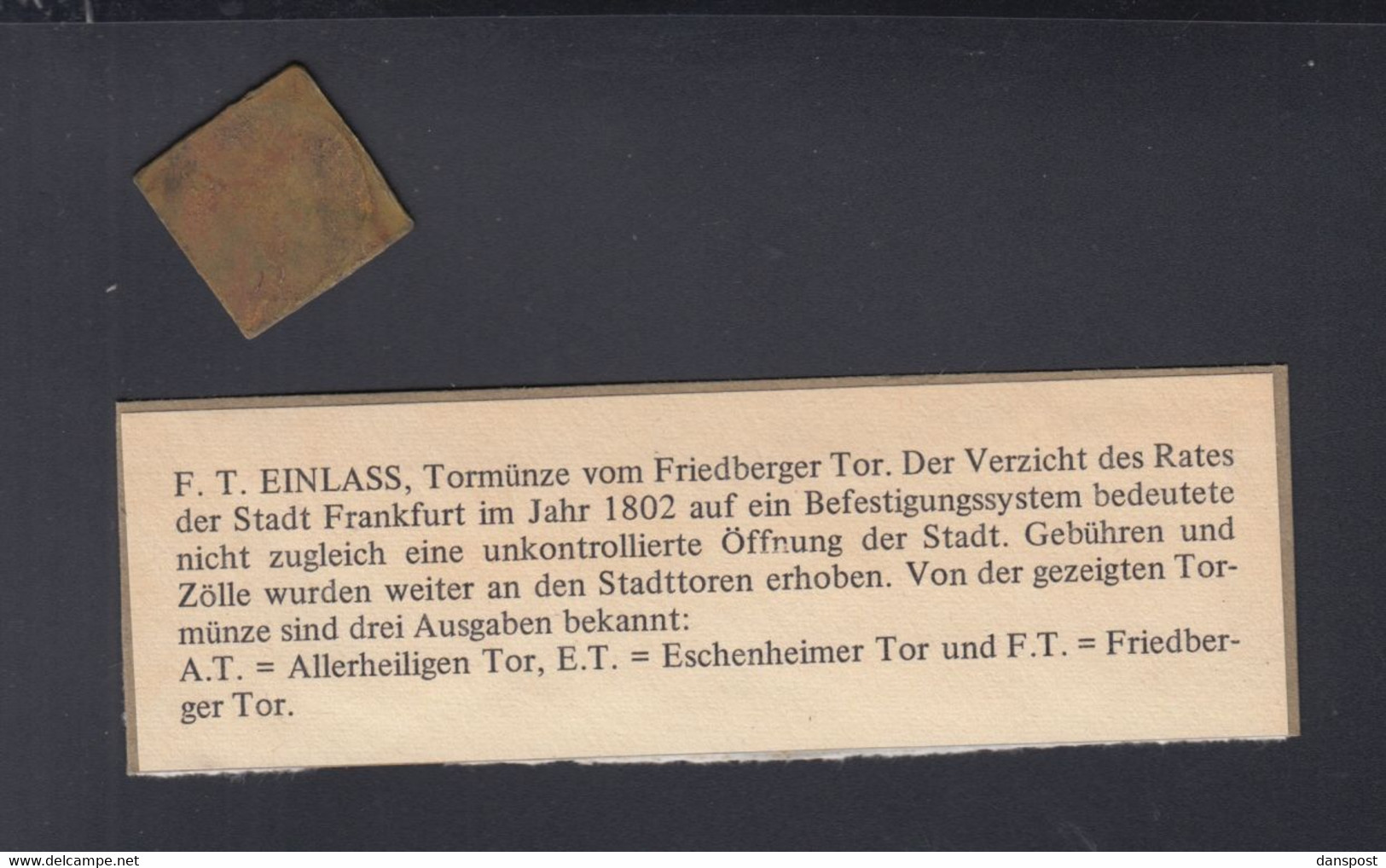 Tormünze Vom Friedberger Tor Frankfurt Am Main Ab 1802 - Other & Unclassified