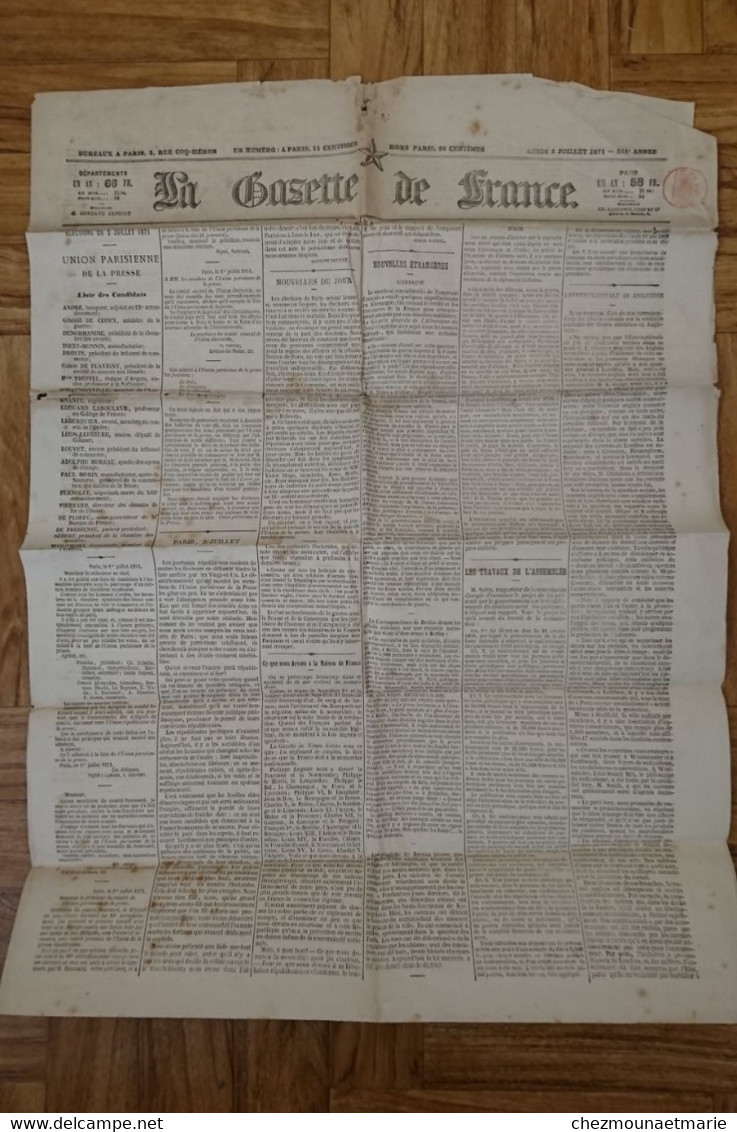 3 JUILLET 1871 LA GAZETTE DE FRANCE - JOURNAL PERIODIQUE - Historische Dokumente