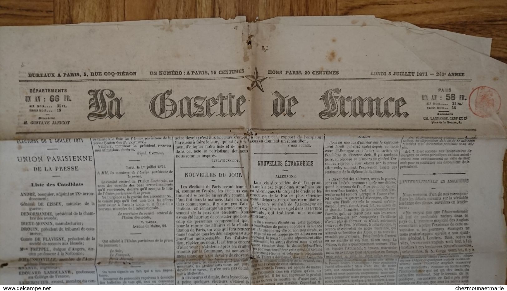 3 JUILLET 1871 LA GAZETTE DE FRANCE - JOURNAL PERIODIQUE - Historische Dokumente