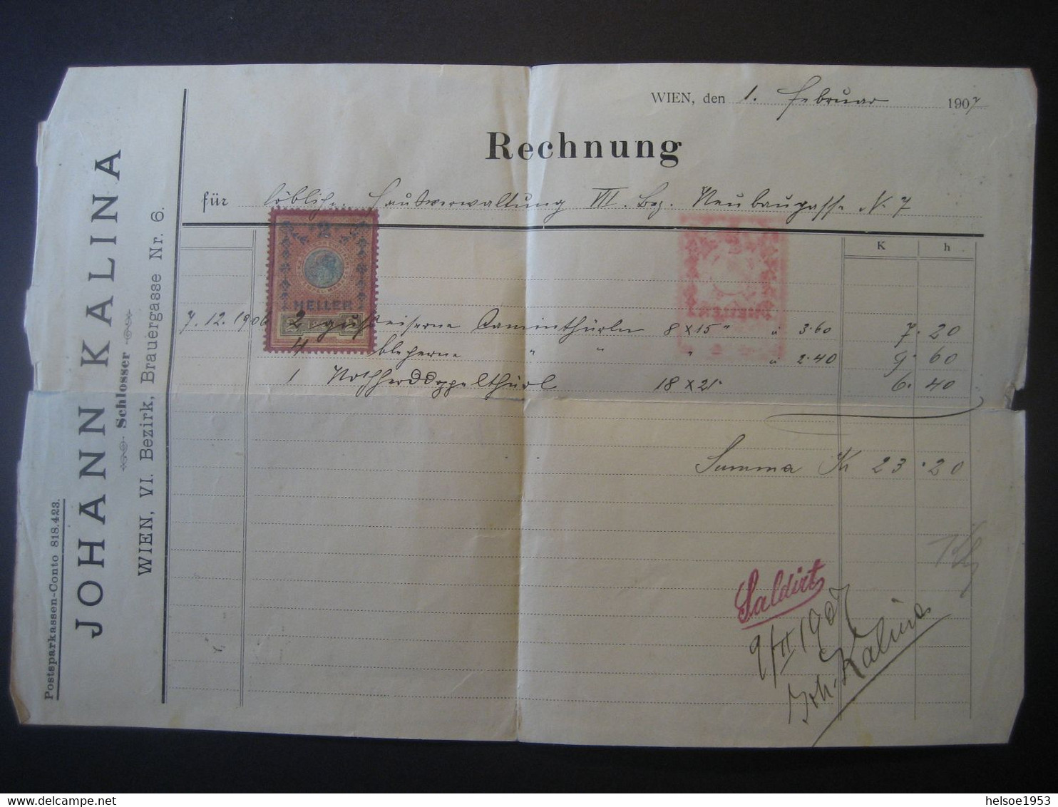 Österreich Steuermarken 1907- Rechnung über 23,20 Kr Mit Stempelmarke Zu 2 Heller - Fiscale Zegels