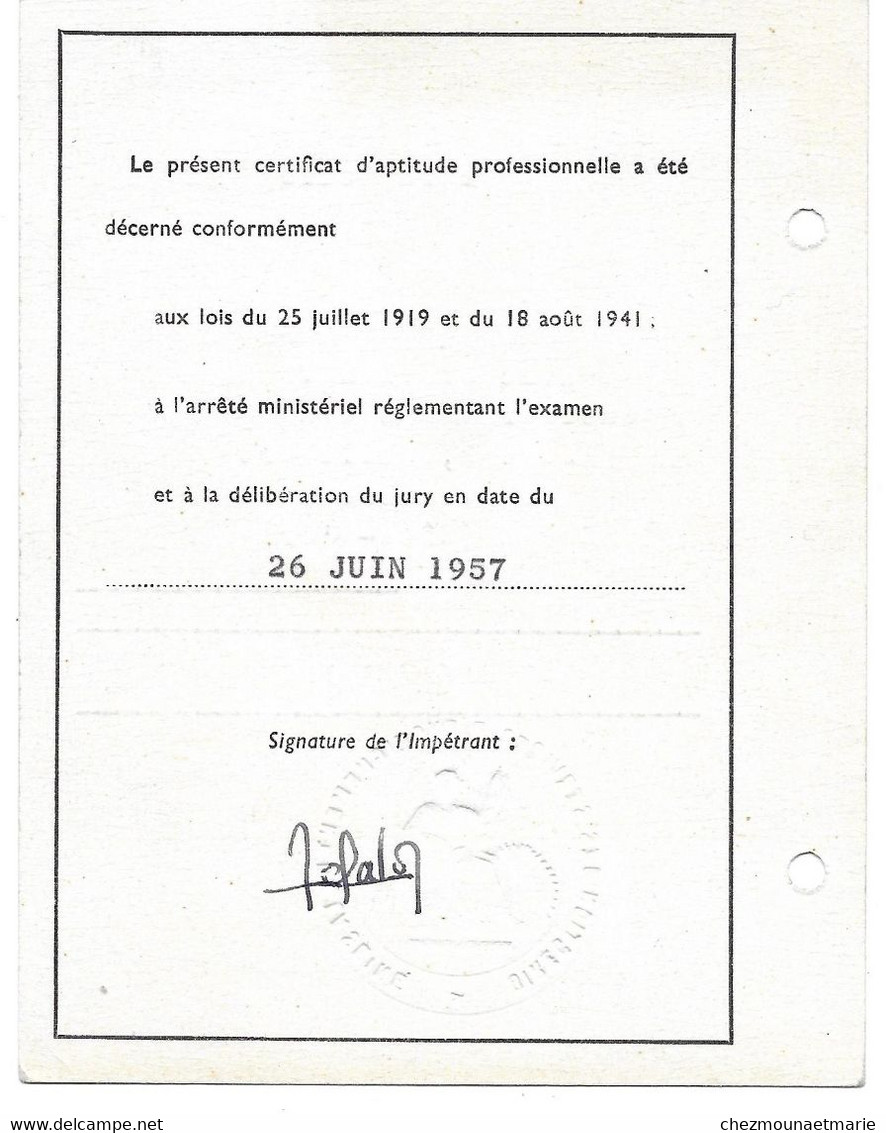 1957 CAP DALOZ JOSEPH NE EN 1930 A SEURRE COTE D OR - PROFESSION QUINCAILLER - Diplômes & Bulletins Scolaires