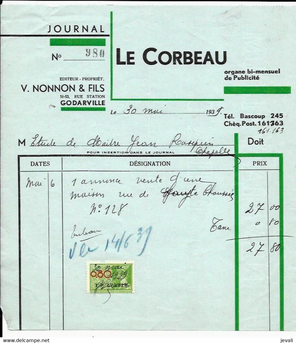 GODARVILLE    -   Journal LE CORBEAU  - Minnon & Fils  1939 - Printing & Stationeries