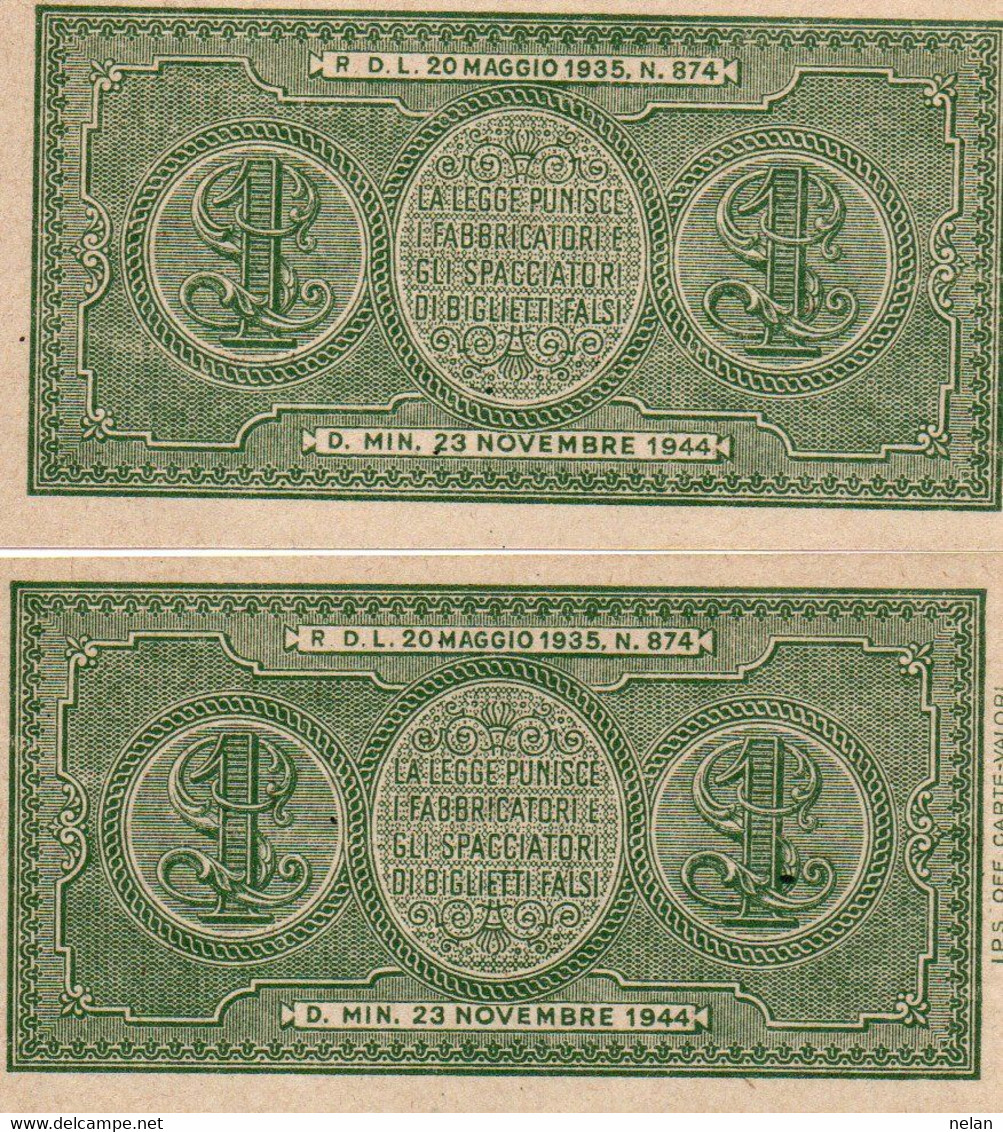 ITALIA 1 LIRA 1944 P-29a  UNC CONSECUTIVE - Italia – 1 Lira