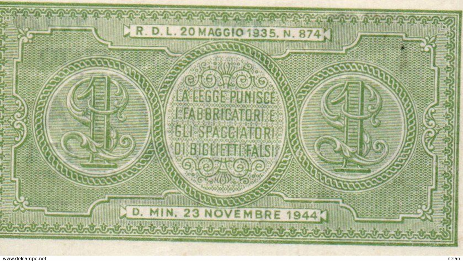 ITALIA 1 LIRA 1944 P-29b  AUNC - Italia – 1 Lira