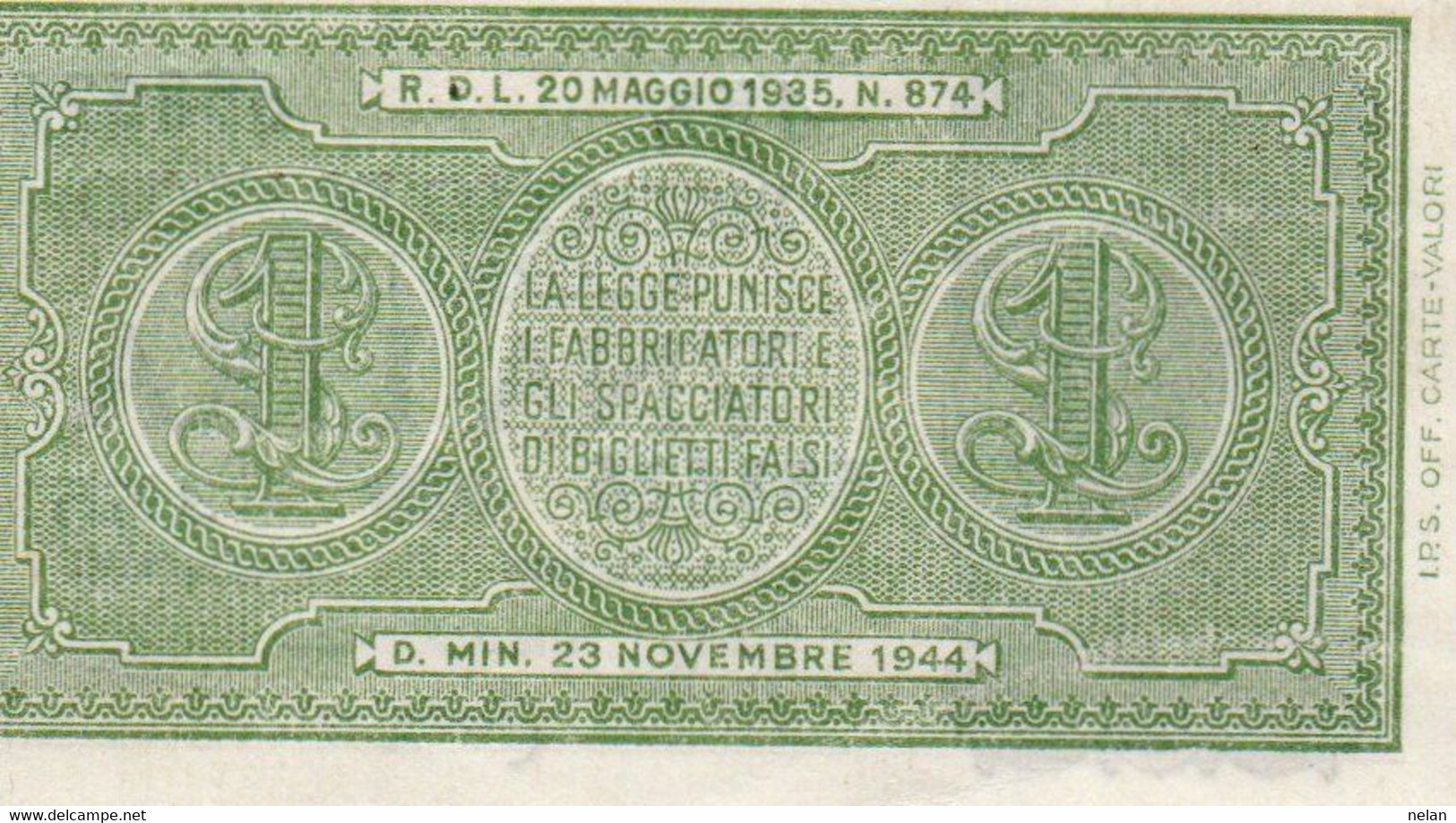 ITALIA 1 LIRA 1944 P-29b  UNC - Italia – 1 Lira