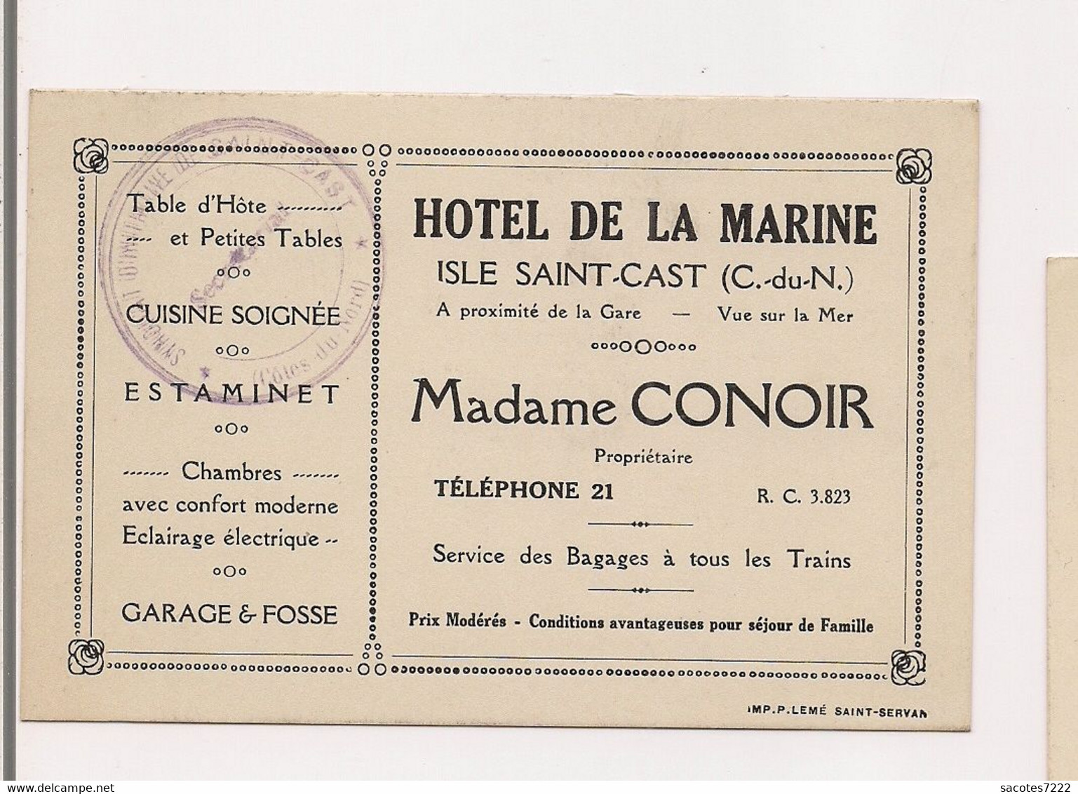 CARTE DE VISITE : HOTEL DE LA MARINE - ISLE SAINT CAST - CONOIR - - Visitenkarten