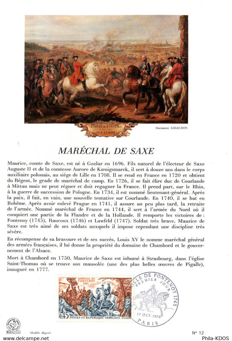 " MARECHAL DE SAXE " Sur Encart 1er Jour De 1970. N° YT 1657. Parfait  état. FDC - Militaria