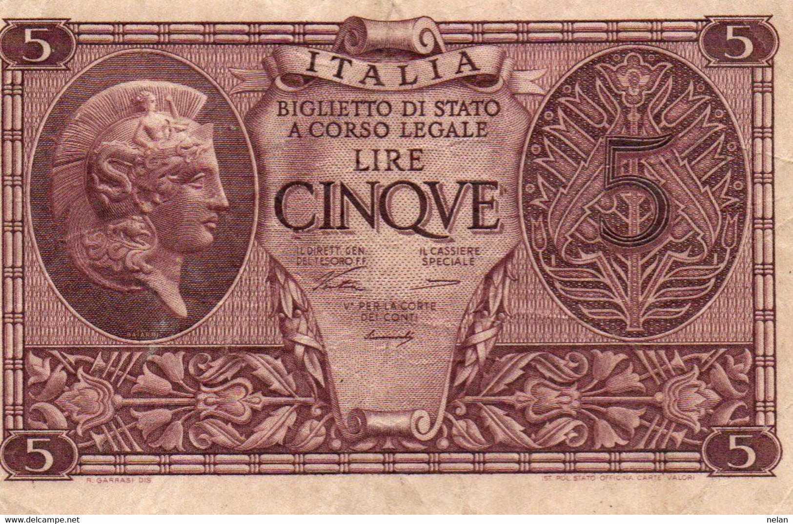 ITALIA 5 LIRE 1944 P-31a  VF+ - Italië– 5 Lire