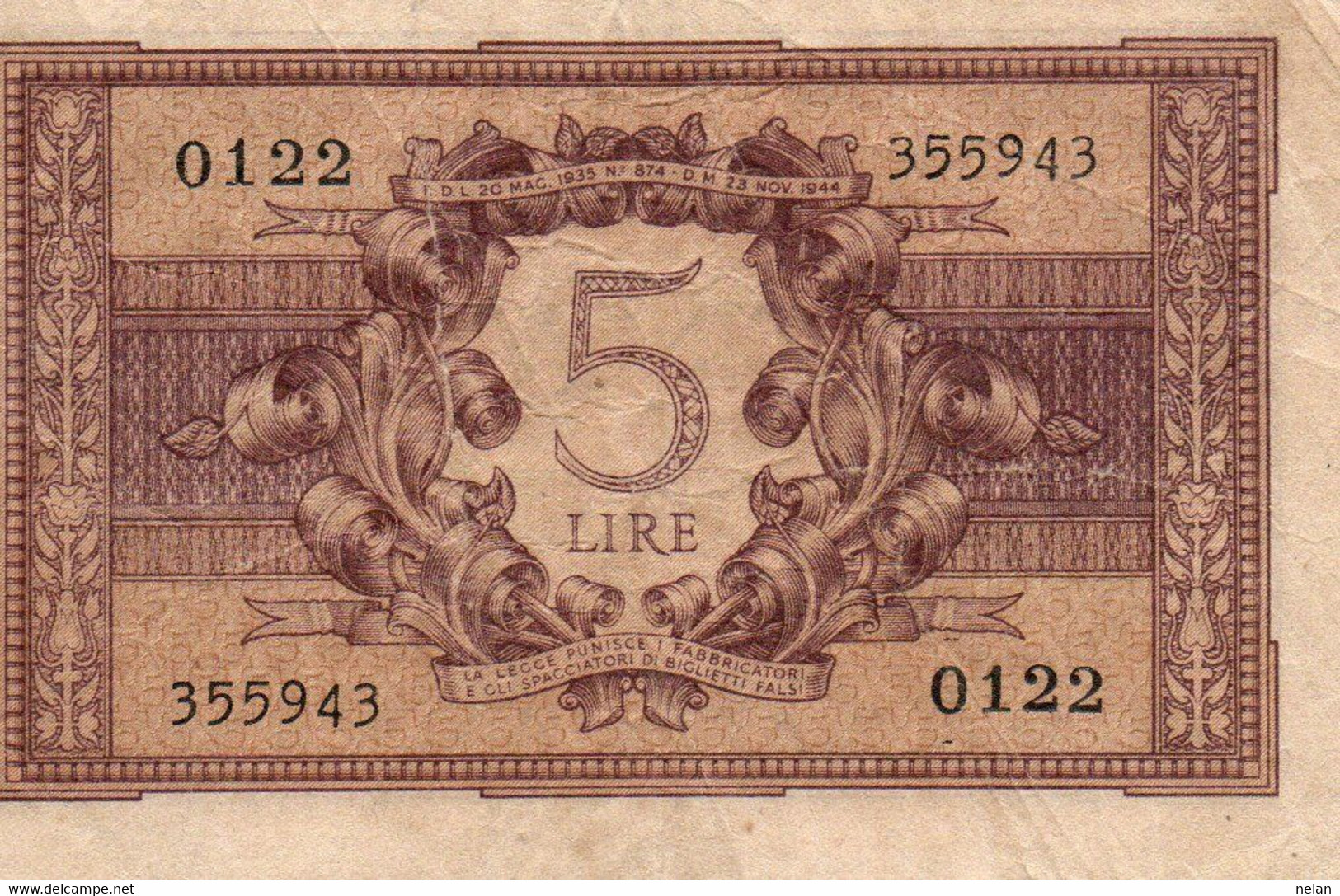 ITALIA 5 LIRE 1944 P-31a  VF+ - Italia – 5 Lire