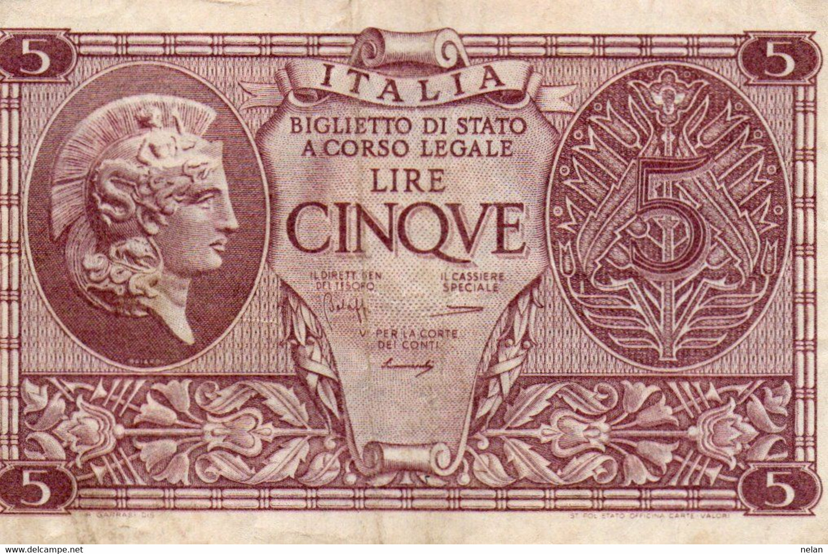 ITALIA 5 LIRE 1944 P-31b  VF+ - Italië– 5 Lire