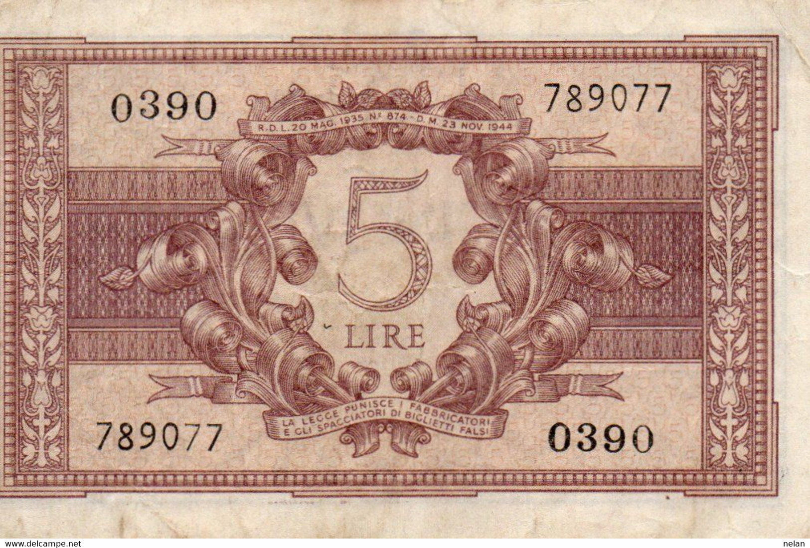 ITALIA 5 LIRE 1944 P-31b  VF+ - Italia – 5 Lire