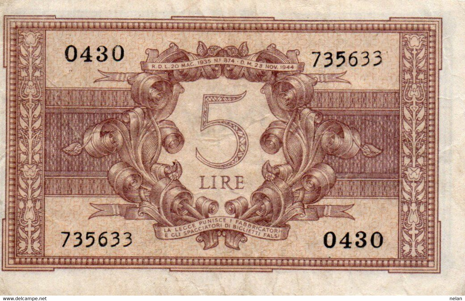 ITALIA 5 LIRE 1944 P-31b  VF+++ - Italia – 5 Lire