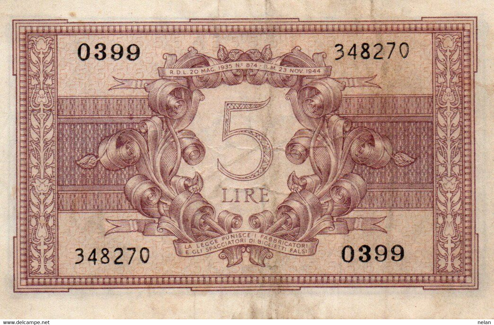 ITALIA 5 LIRE 1944 P-31b  VF+ - Italia – 5 Lire