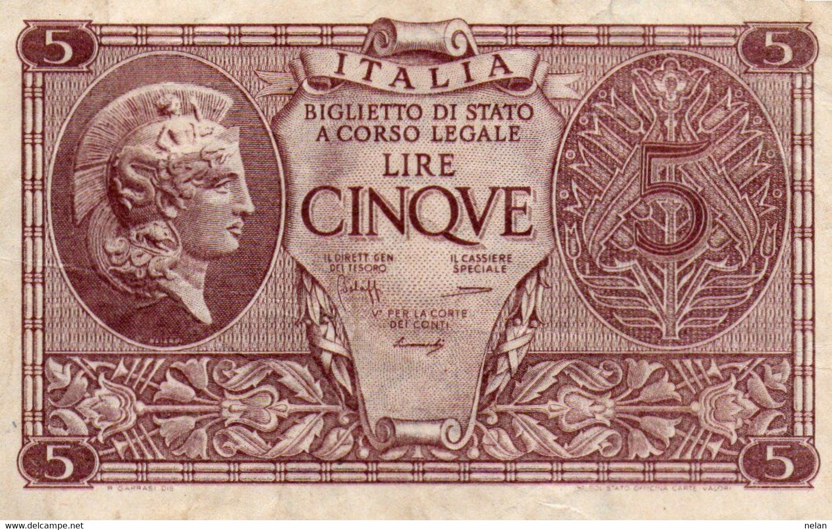 ITALIA 5 LIRE 1944 P-31b  VF+ - Italia – 5 Lire