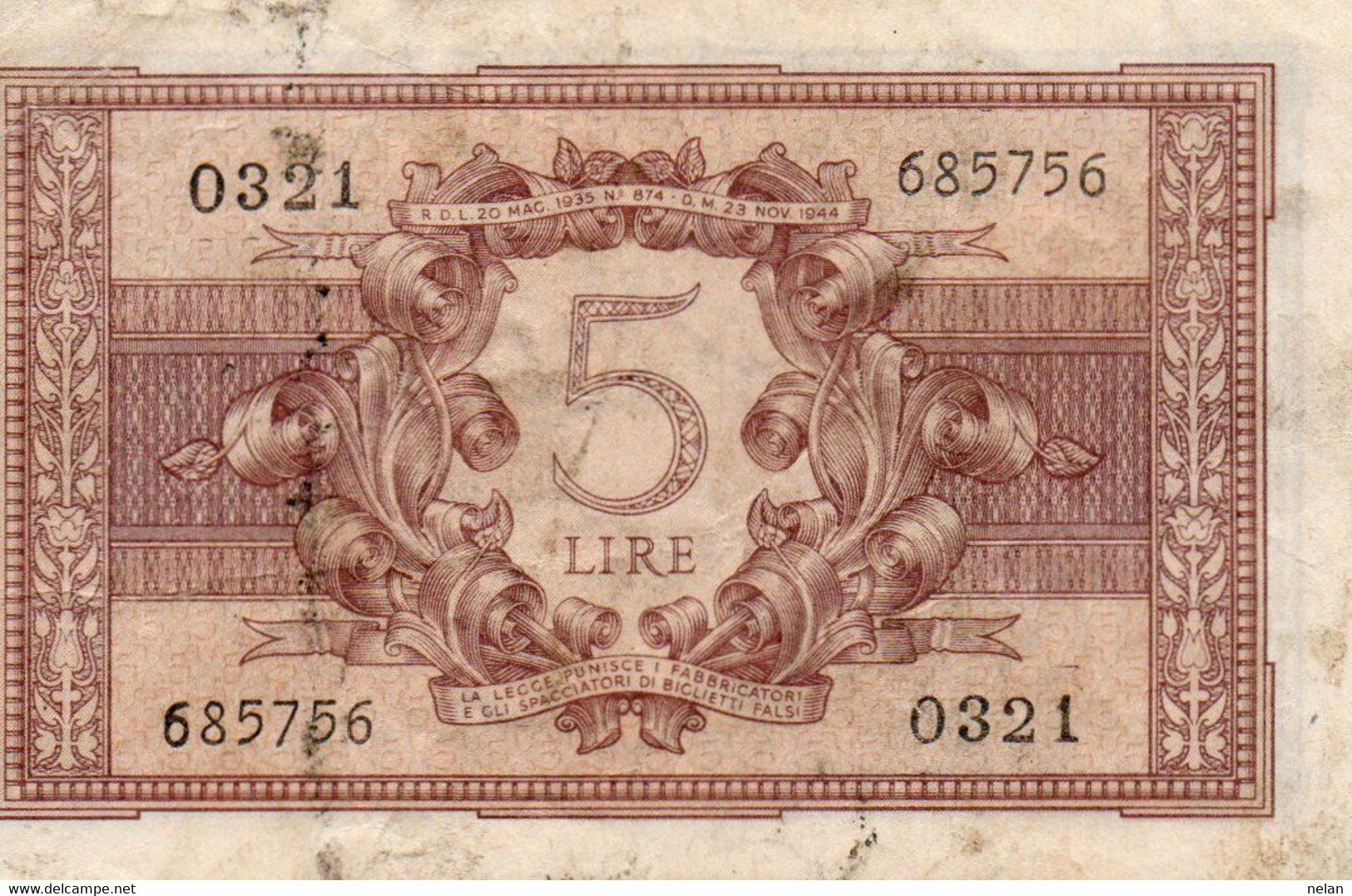 ITALIA 5 LIRE 1944 P-31b  VF+ - Italia – 5 Lire