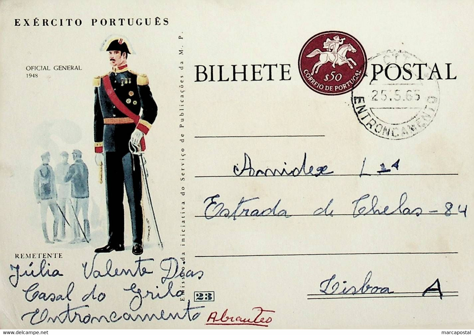 1965 Inteiro Postal Tipo «Fardamentos Do Exército Português» De 50 C. Castanho-lilás Enviado Do Entrocamento Para Lisboa - Ganzsachen