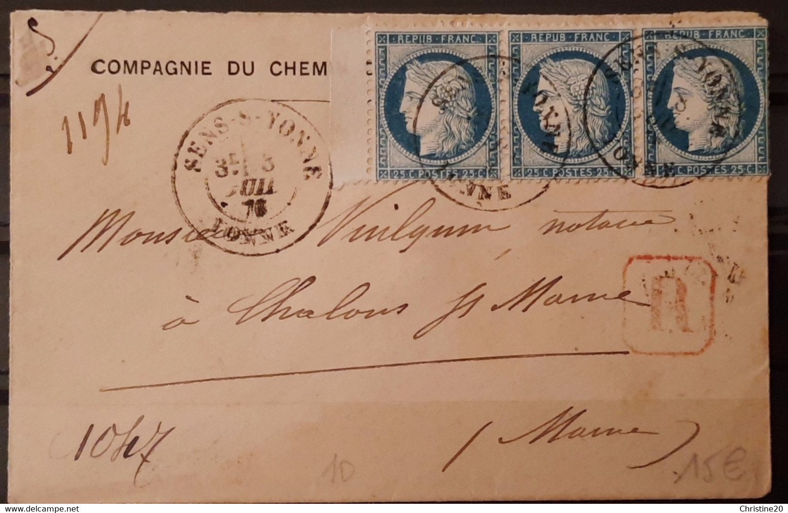France 1875 N°60C Bande De 3 BdF Sur Lettre Recommandée Ob CaD  TTB - 1871-1875 Ceres