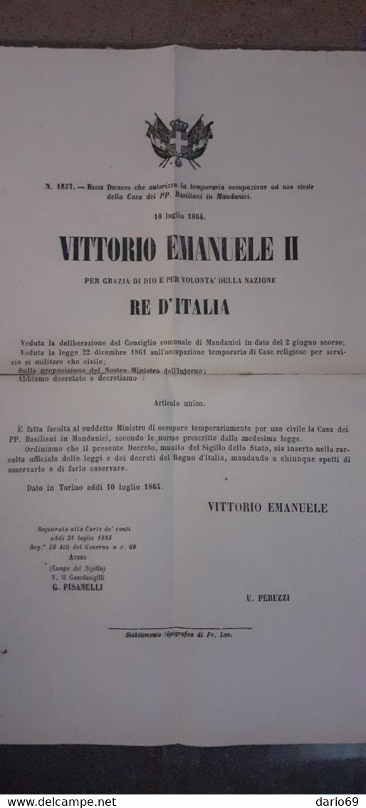 1864  - DECRETO CHE AUTORIZZA LA TEMPORANEA OCCUPAZIONE DELLA CASA DEI PP BASILIANI IN MANDANICI  MESSINA - Décrets & Lois