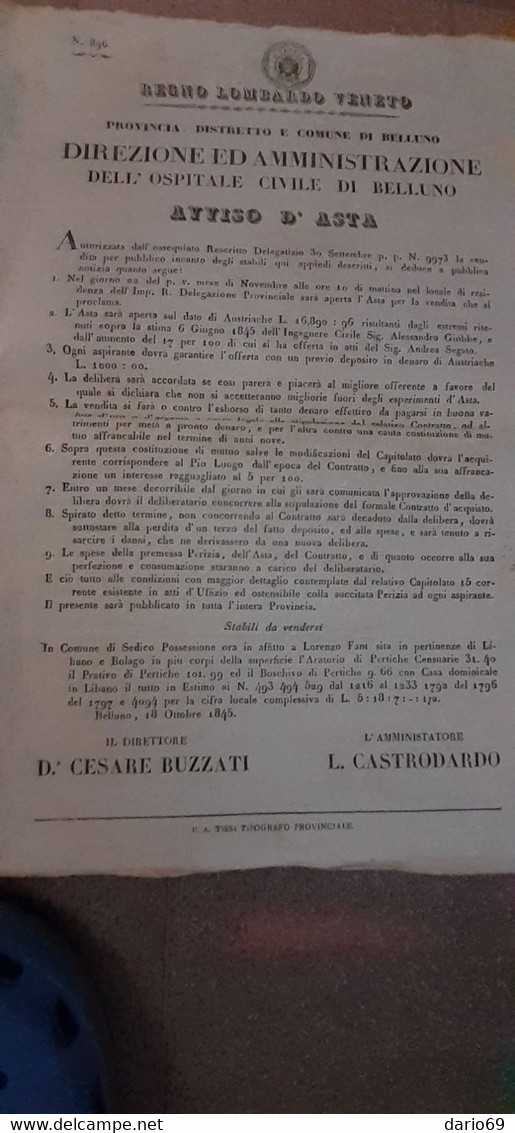 1845 BELLUNO -  REGNO LOMBARDO VENETO AVVISO D'ASTA - Décrets & Lois